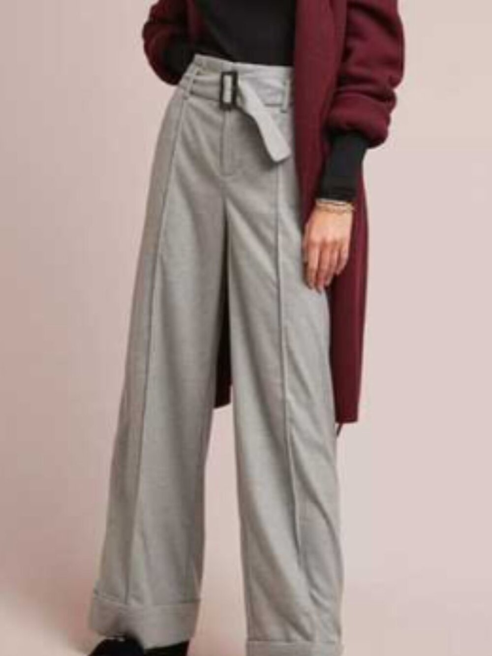 Anthropologie Cartonnier Wide Leg Pants Grey Cuffed Belt Size 4 Long